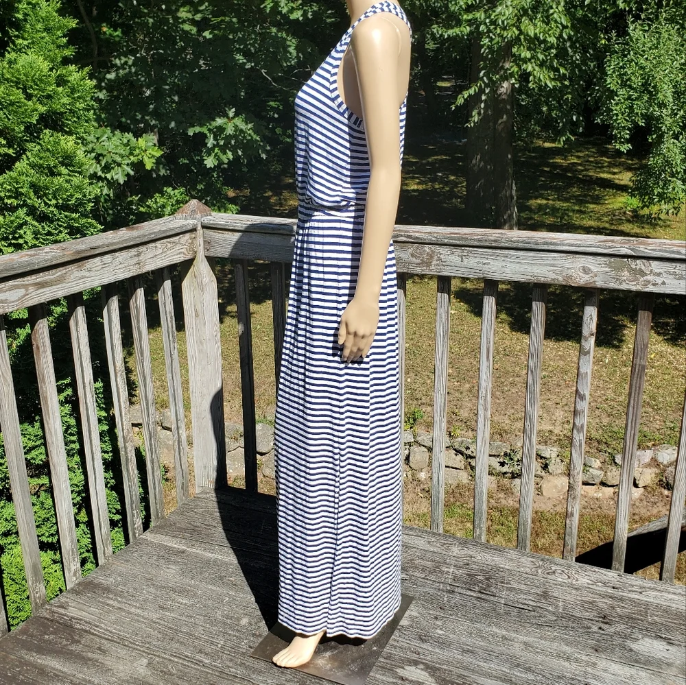 J. Crew Blue & White Stripe Racer T-back Scoop Round Neck Maxi Dress Size M - Picture 7 of 11
